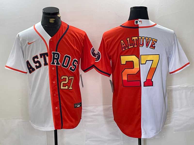 Men%27s Houston Astros #27 Jose Altuve Number White Orange Split Stitched Baseball Jersey Dzhi
